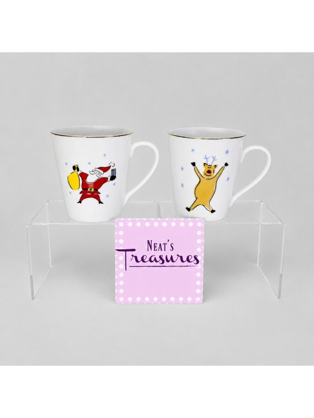 2001 Merry Brite MERRY CHRISTMAS Reindeer Santa Porcelain 10oz Mugs Cups  Set 2